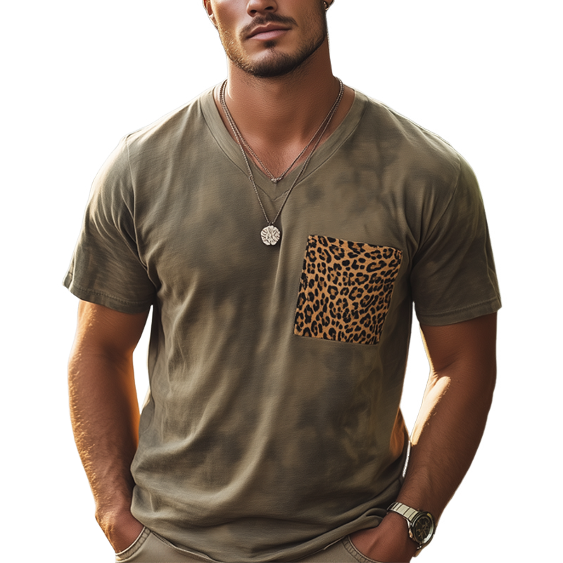 Fred | Men'S Retro V-Neck Leopard Print Pocket Stitching Short Sleeve T-Shirt