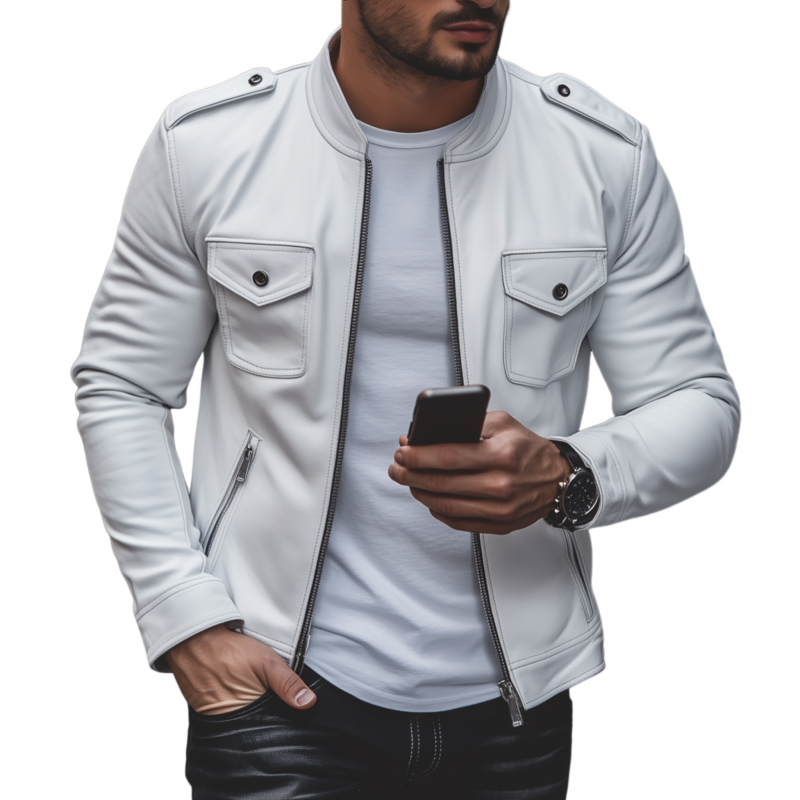 Mauricio | Men'S Casual Solid Color Faux Leather Stand Collar Zipper Multi-Pocket Slim Fit Motorcycle Jacket