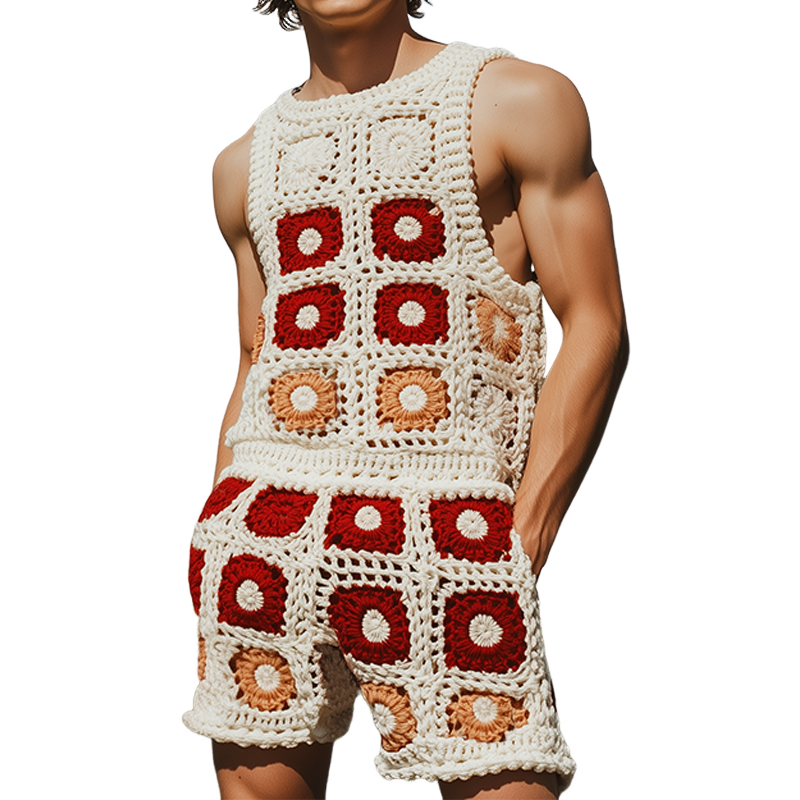 Lewis | Men'S Summer Fashion Casual Hollow Crochet Flower Knitted Vest Elastic Waist Shorts Set