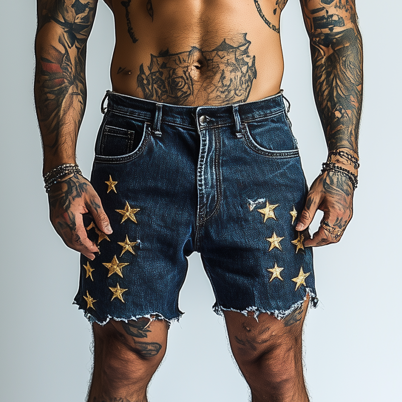 Noel | Men'S Star Embroidered Denim Shorts
