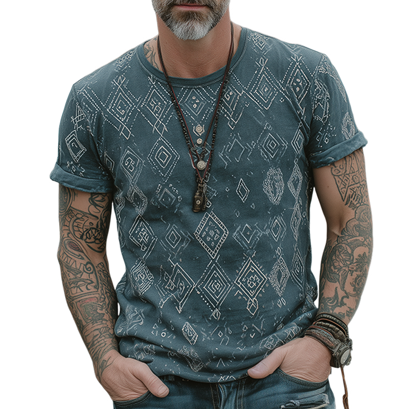 Gary | Men'S Retro Casual Ethnic Style Diamond Printed Round Neck Short Sleeve T-Shirt
