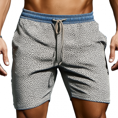 Cody | Men'S Casual Cotton Leopard And Denim Patchwork Elastic Waist Drawstring Shorts