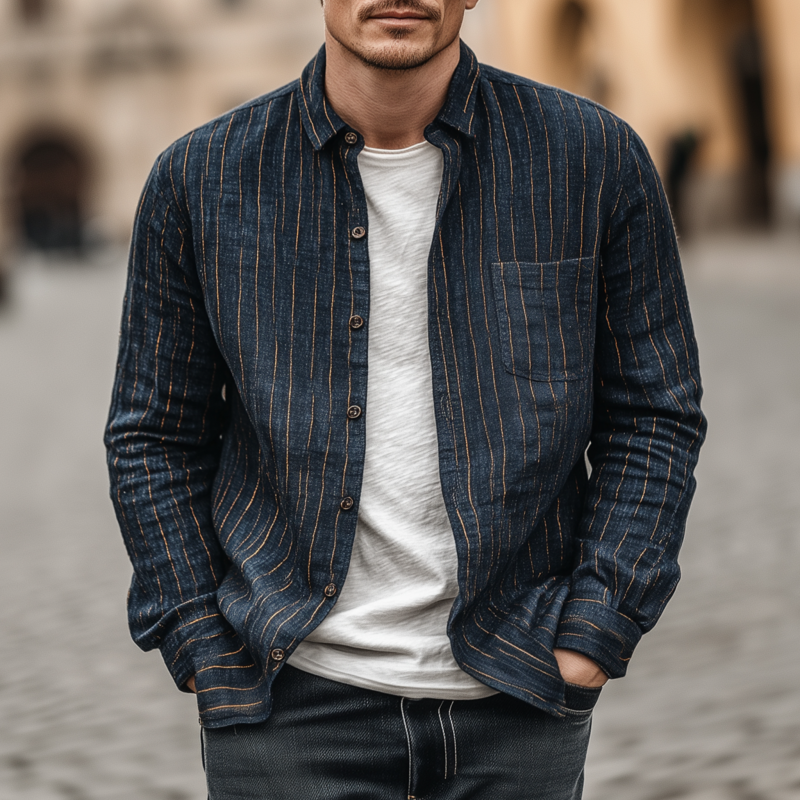 Noel | Men'S Casual Breathable Linen Striped Lapel Patch Pocket Slim Fit Long Sleeve Shirt