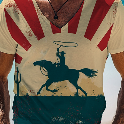 Nicholas | Men'S Western Cowboy Style Printed Short-Sleeved V-Neck T-Shirt