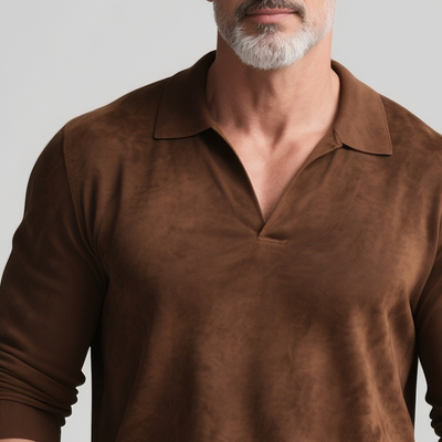 Quentin | Men'S Solid Faux Suede Lapel Long Sleeve Polo Shirt