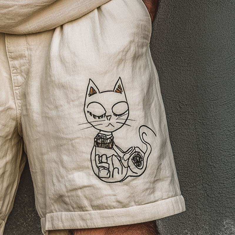 Nicholas | Men'S Summer Fashion Cat Print Linen Blend Casual Shorts