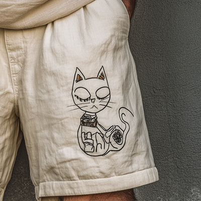 Nicholas | Men'S Summer Fashion Cat Print Linen Blend Casual Shorts