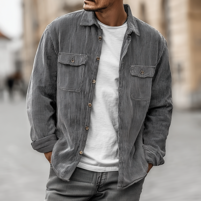 Lloyd | Men'S Casual Breathable Striped Cotton Lapel Flap Pocket Loose Long Sleeve Shirt Jacket