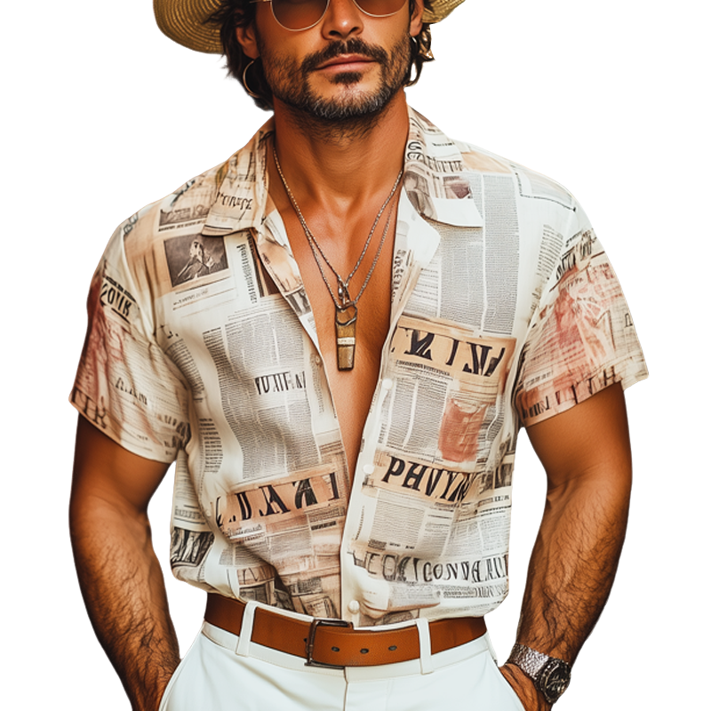 Grant | Men'S Summer Fashion Newspaper Printed Short Sleeve Shirt