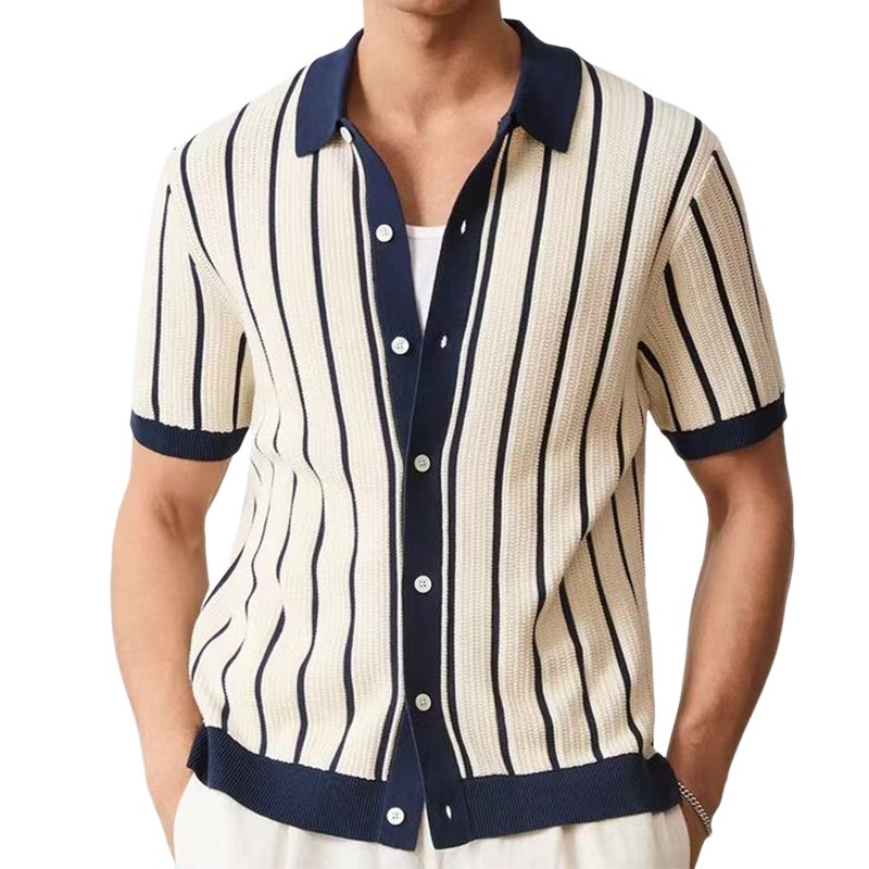 Nathan | Men'S Summer Fashion Casual Vertical Striped Knitted Short-Sleeved Shirt