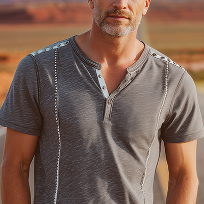 Duane | Men'S Spring And Summer Fashion Cotton Blended Shoulder Decoration Rivet Henley Neck Short Sleeve T-Shirt