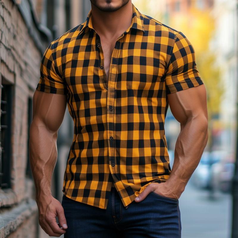 Vince | Men'S Casual Breathable Cotton Plaid Lapel Slim Fit Short Sleeve Shirt
