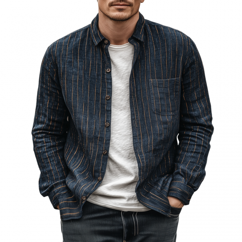 Noel | Men'S Casual Breathable Linen Striped Lapel Patch Pocket Slim Fit Long Sleeve Shirt
