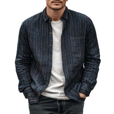 Noel | Men'S Casual Breathable Linen Striped Lapel Patch Pocket Slim Fit Long Sleeve Shirt
