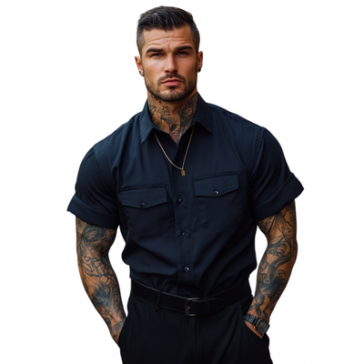 Eddie | Men'S Casual Breathable Cotton Lapel Chest Pocket Loose Short Sleeve Work Shirt