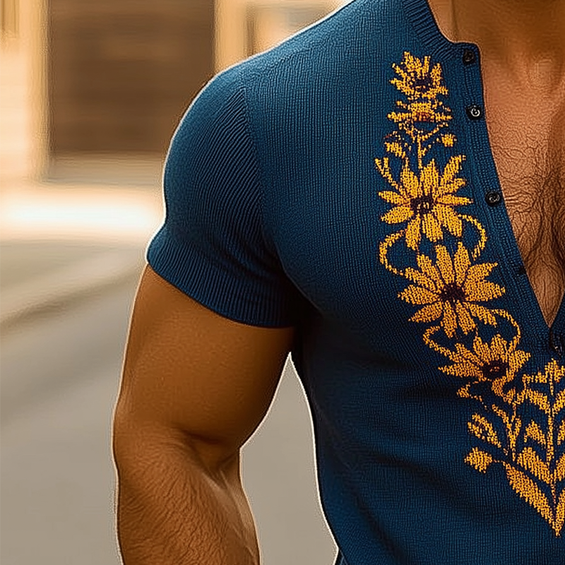 Horacio | Men'S Summer Knitted Jacquard Slim Short Sleeve V Neck T-Shirt