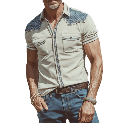 Ernie | Men'S Spring And Summer Fashion Casual Suede Splicing Ribbon Slim Short Sleeve Shirt