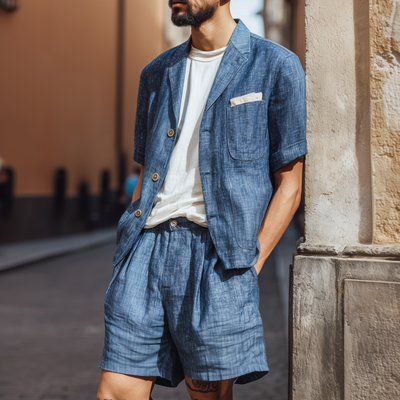 Dean | Men'S Casual Cotton Linen Notch Lapel Single-Breasted Short-Sleeved Shirt And Shorts Set (T-Shirts Excluded)