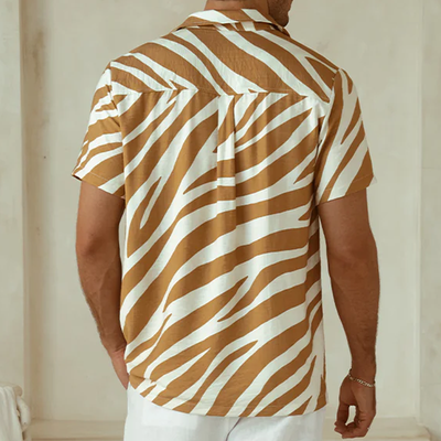 Drew | Men'S Spring And Summer Fashion Casual Zebra Stripe Printed Silk Cotton Short Sleeve Shirt Elastic Waist Shorts Set