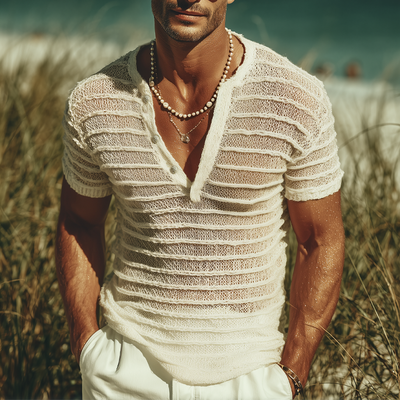 Ron | Men'S Summer Fashion V-Neck Striped Jacquard Knitted Short Sleeve T-Shirt