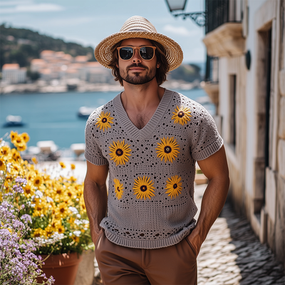Kent | Men'S Spring And Summer Fashion Leisure Vacation Style Knitted Hollow Flower V-Neck Short-Sleeved T-Shirt