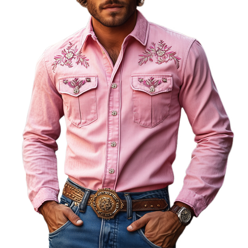 Men's American Retro Western Style Cotn Blend Embroidered Long Sleeve Shirt