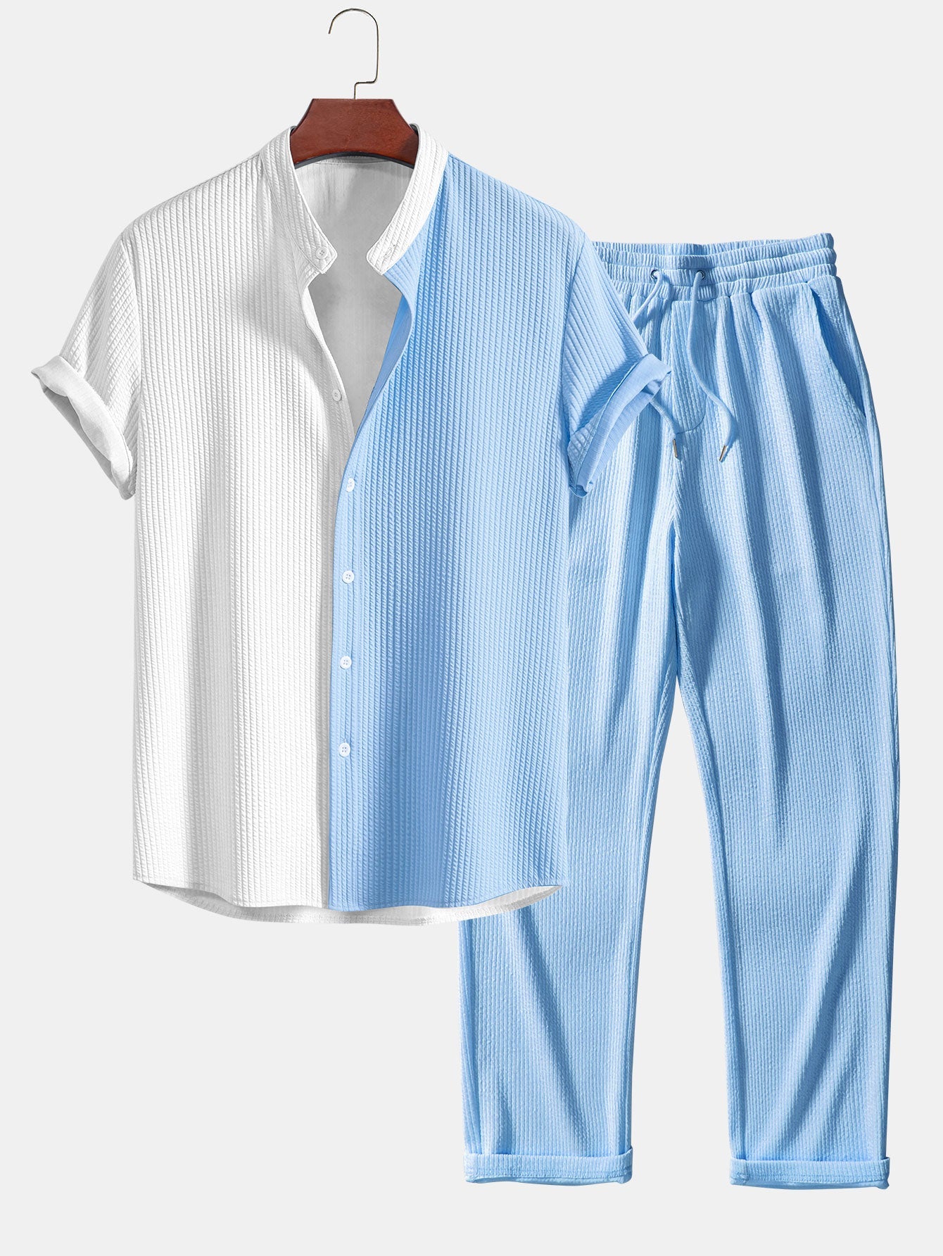 Truman® | Two Tone Muscle Fit Ribbed Stand Collar Shirt & Straight Leg Ribbed Pants
