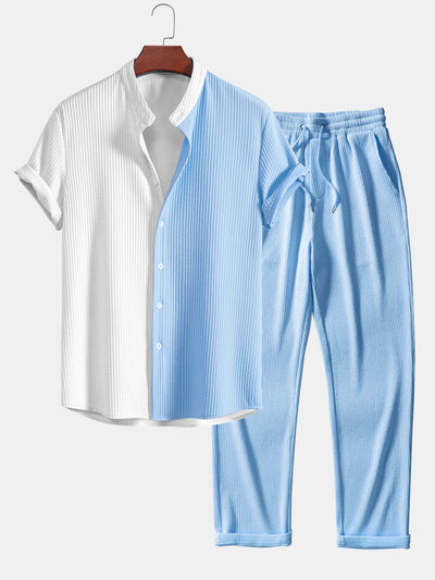 Truman® | Two Tone Muscle Fit Ribbed Stand Collar Shirt & Straight Leg Ribbed Pants