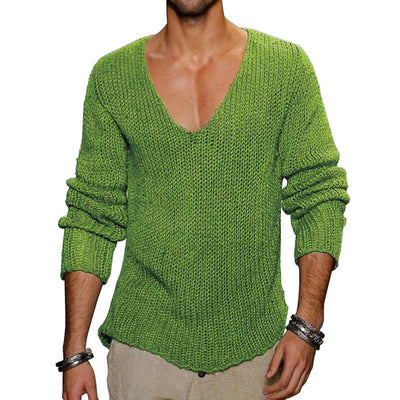 Men's Casual Solid Color V-Neck Loose Knit Pullover Sweater