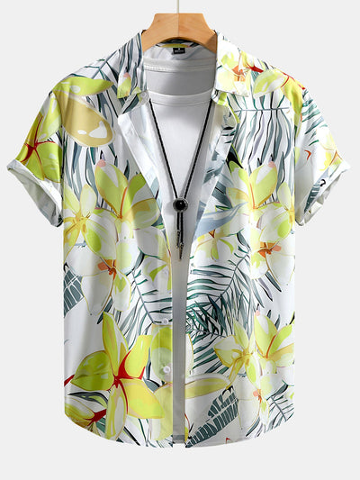Caleb® | Flower Plants Print Button Up Shirt & Swim Shorts