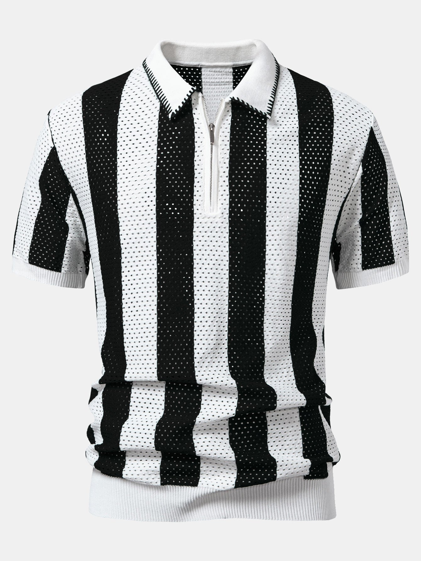 Dylan | Striped Eyelet Knit Zip Up Polo Shirt