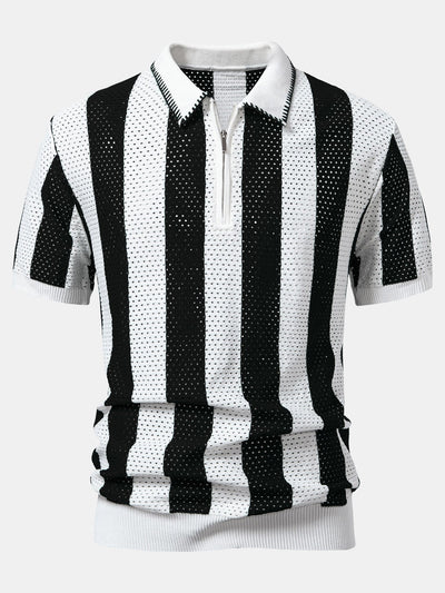 Dylan | Striped Eyelet Knit Zip Up Polo Shirt