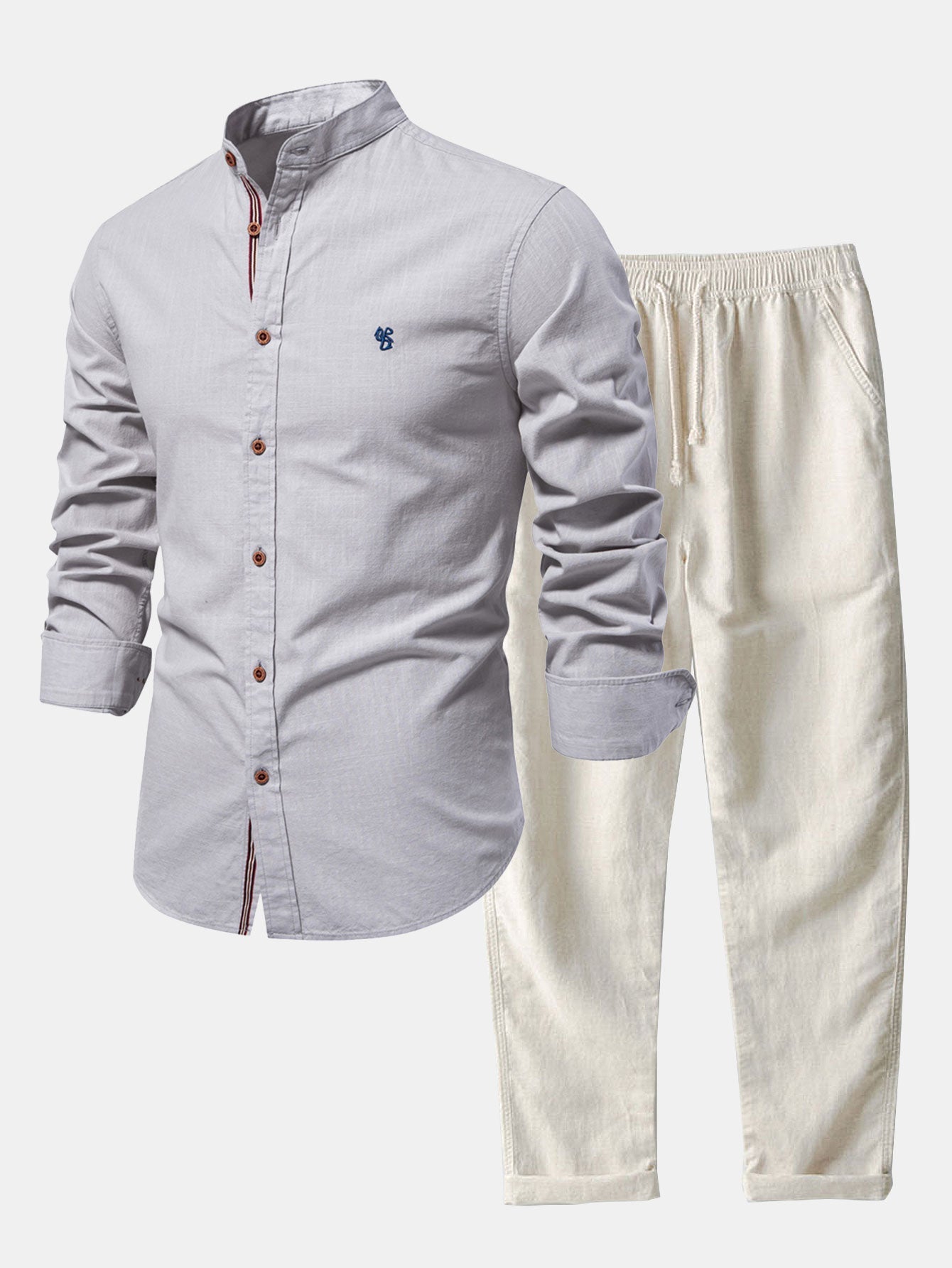 Florentino® | Long Sleeve Linen Look Stand Collar Shirt & Straight Leg Linen Pants