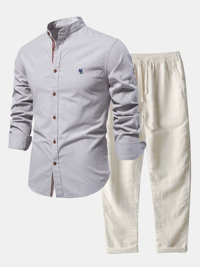 Florentino® | Long Sleeve Linen Look Stand Collar Shirt & Straight Leg Linen Pants