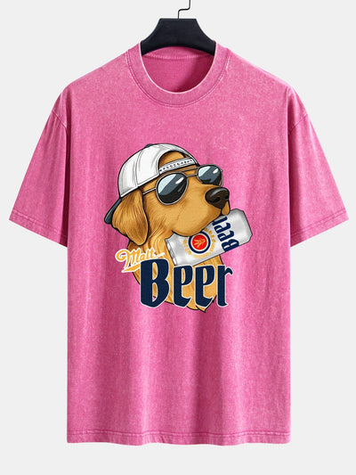 Jano® | Beer Dog Print Washed Distressed Drop Shoulder T-Shirt