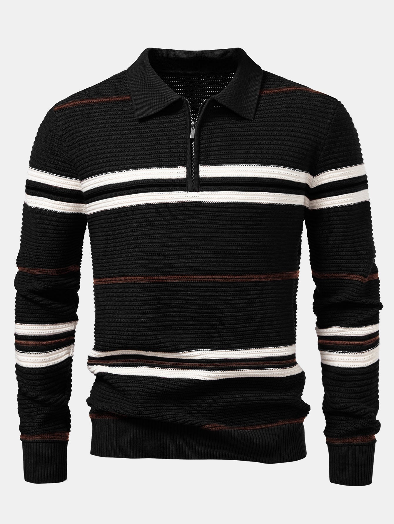 Albano® | Striped Textured Zip Knit Polo Shirt