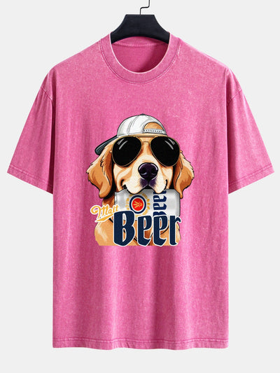 Jafar® | Beer Dog Print Washed Distressed Drop Shoulder T-Shirt