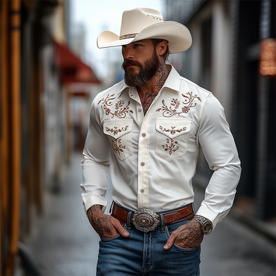 Men's Classic American Western Style Embroidered SliFit Cotn Long Sleeve Shirt