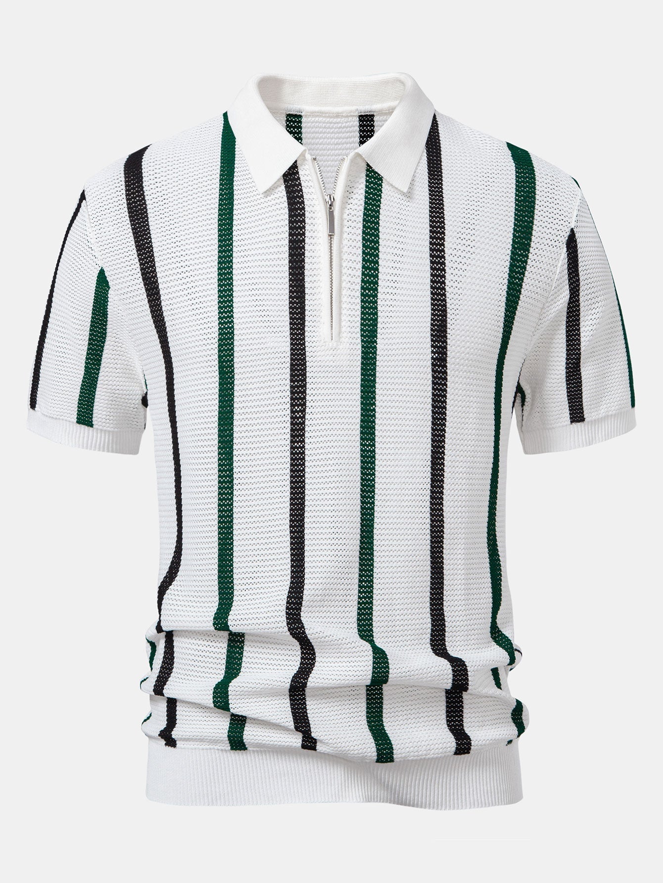 Isaac | Striped Knit Zip Up Polo Shirt