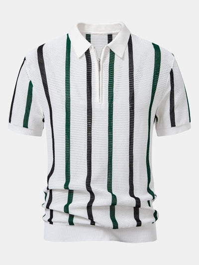 Isaac | Striped Knit Zip Up Polo Shirt