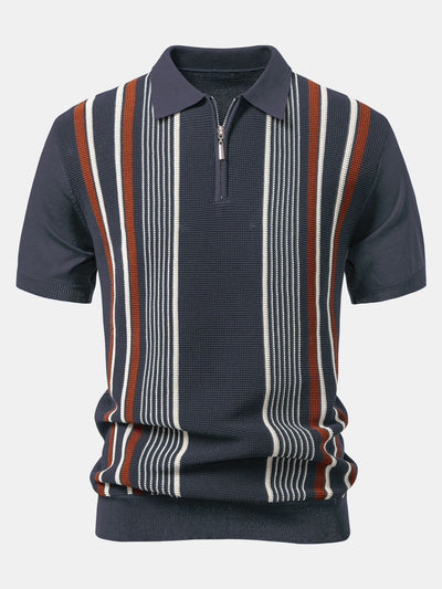 Luke | Stripe Knit Zip Up Polo Shirt