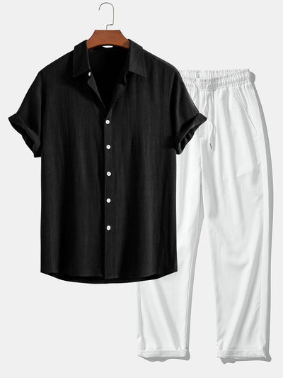 Jeremías® | Linen Rayon Blend Button Up Shirt & Wrinkle Textured Straight Leg Pants