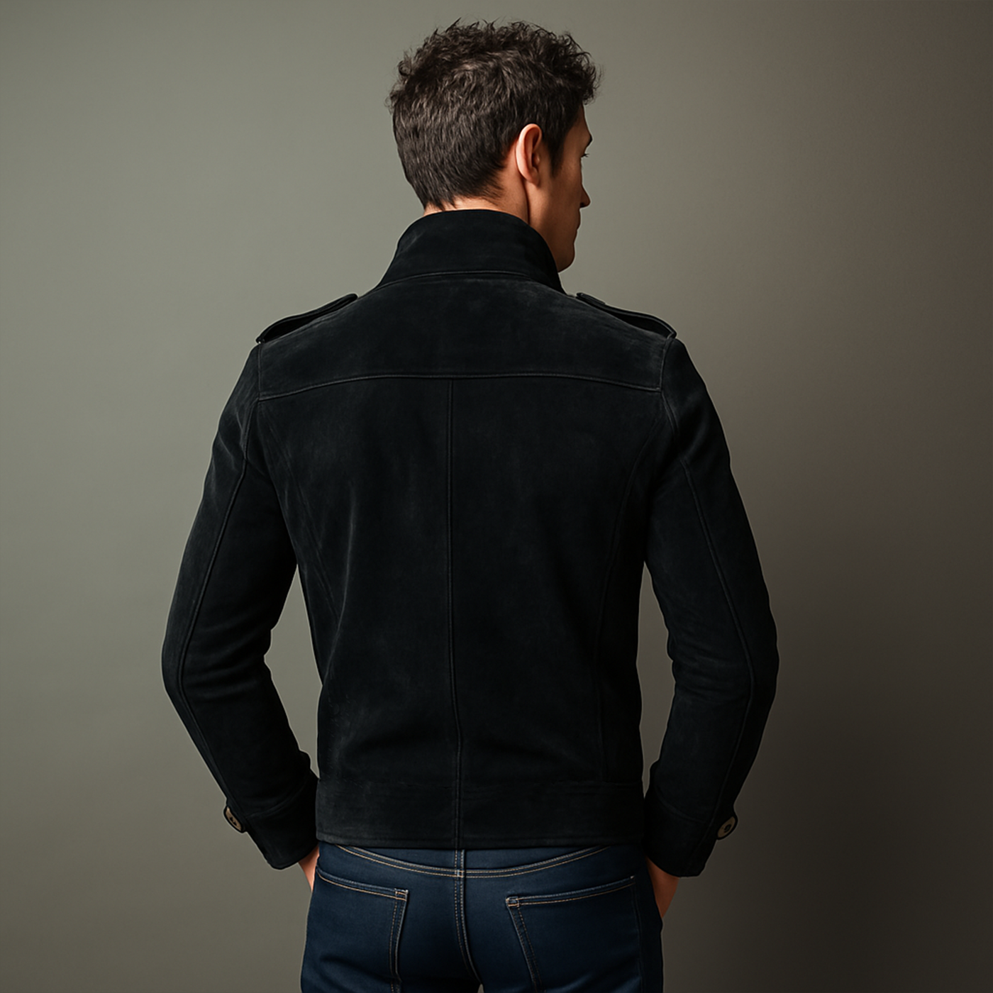 Men's Classic Retro Stand Collar Fax Sede Doble-breasted Slim-fit JacketK