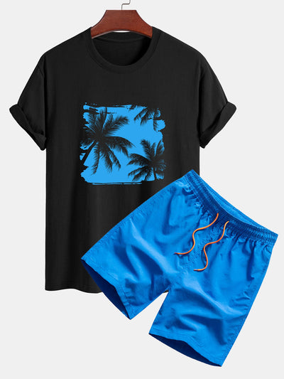 Chase® | Regular Fit Palm Trees Silhouette Print Cotton T-Shirt & Swim Shorts