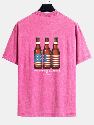 Jairo® | USA Old Row Beer Print Washed Distressed Drop Shoulder T-Shirt