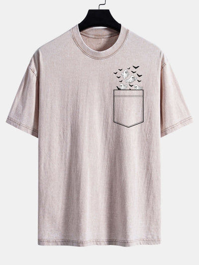 Bardo® | Pocket Bat Ghost Print Washed Distressed Drop Shoulder T-Shirt