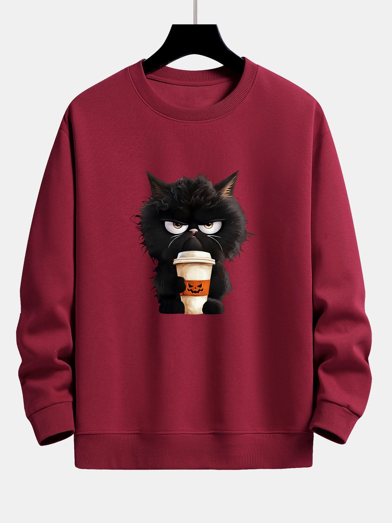 Camilo® | Black Cat Halloween Coffee Print Relax Fit Sweatshirt