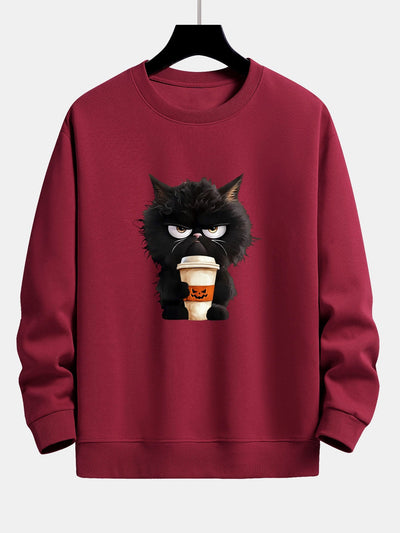 Camilo® | Black Cat Halloween Coffee Print Relax Fit Sweatshirt