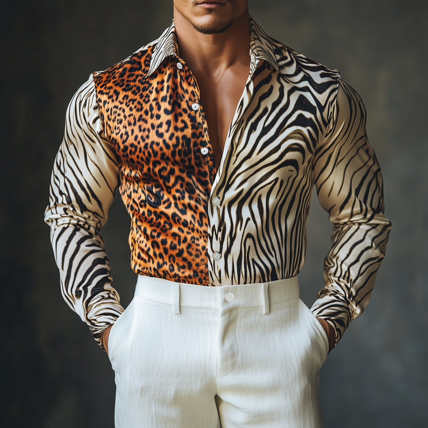 Julian | Men'S Stylish Casual Satin Leopard And Zebra Print Slim Fit Long Sleeve Shirt