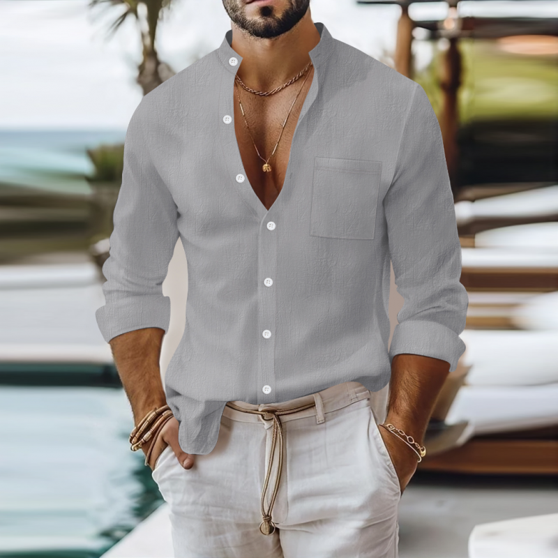 Rufus | Men'S Casual Breathable Solid Color Cotton Linen Stand-Up Collar Patch Pocket Slim Fit Long Sleeve Shirt
